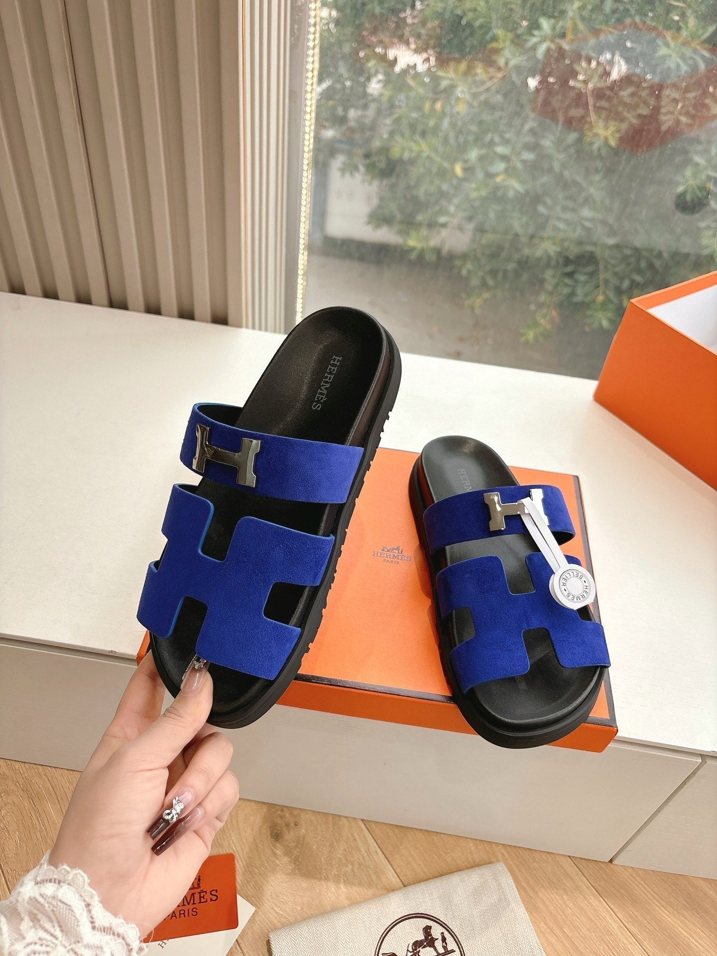 HERMES CHYPRE SANDAL IN COBALT BLUE SUEDE