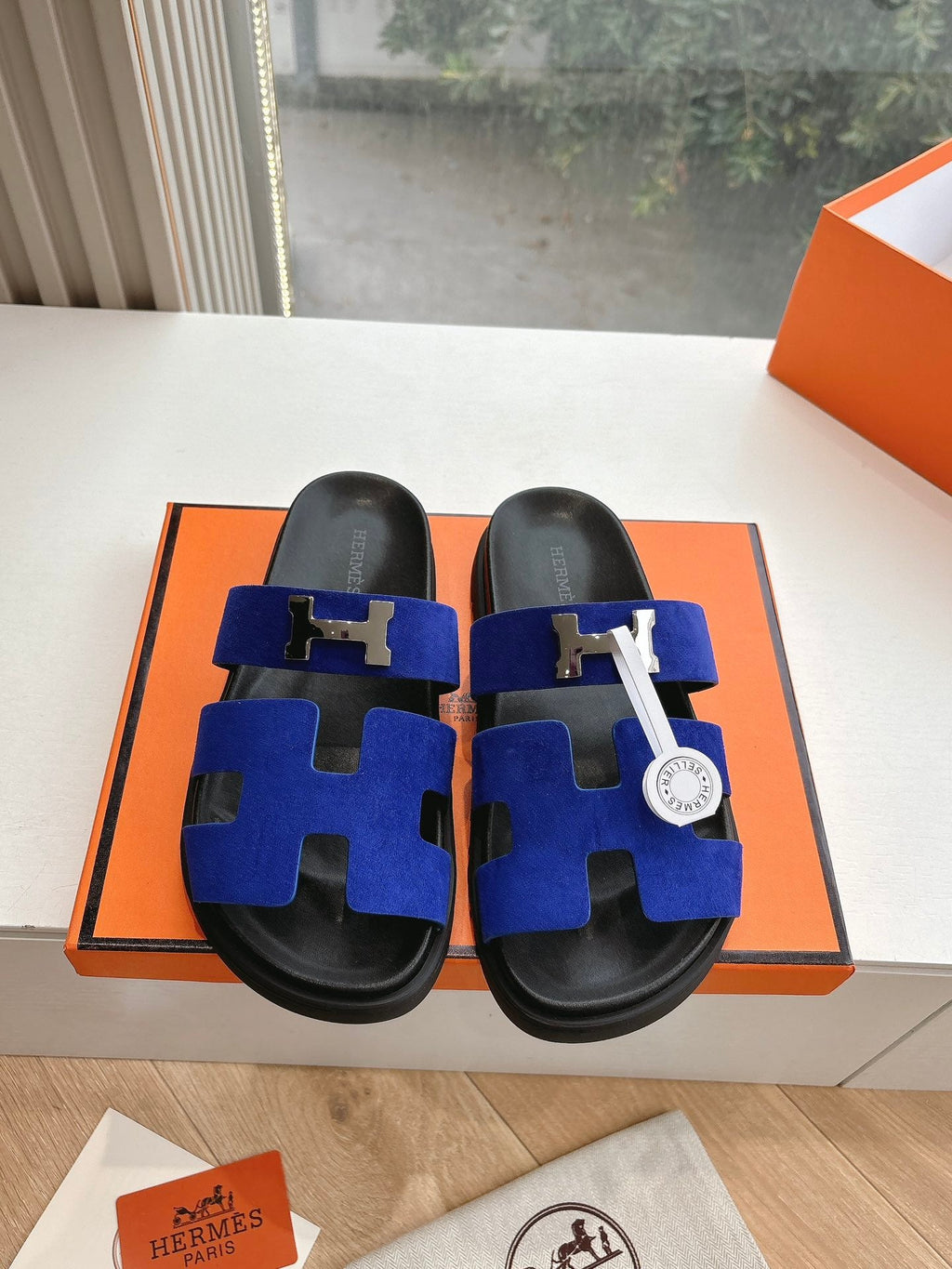 HERMES CHYPRE SANDAL IN COBALT BLUE SUEDE