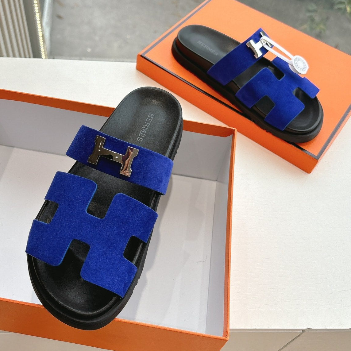 HERMES CHYPRE SANDAL IN COBALT BLUE SUEDE