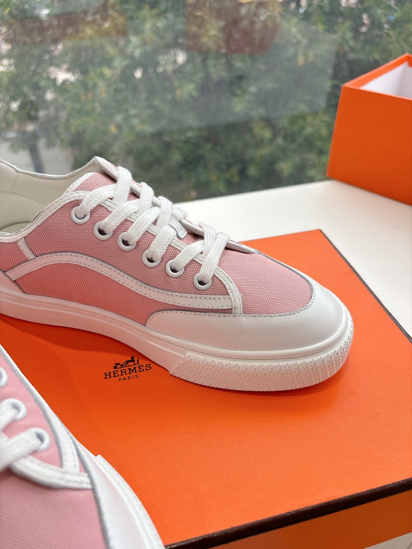 HERMES GET SNEAKER IN ROSE PINK MAXI CANVAS AND WHITE CALFSKIN