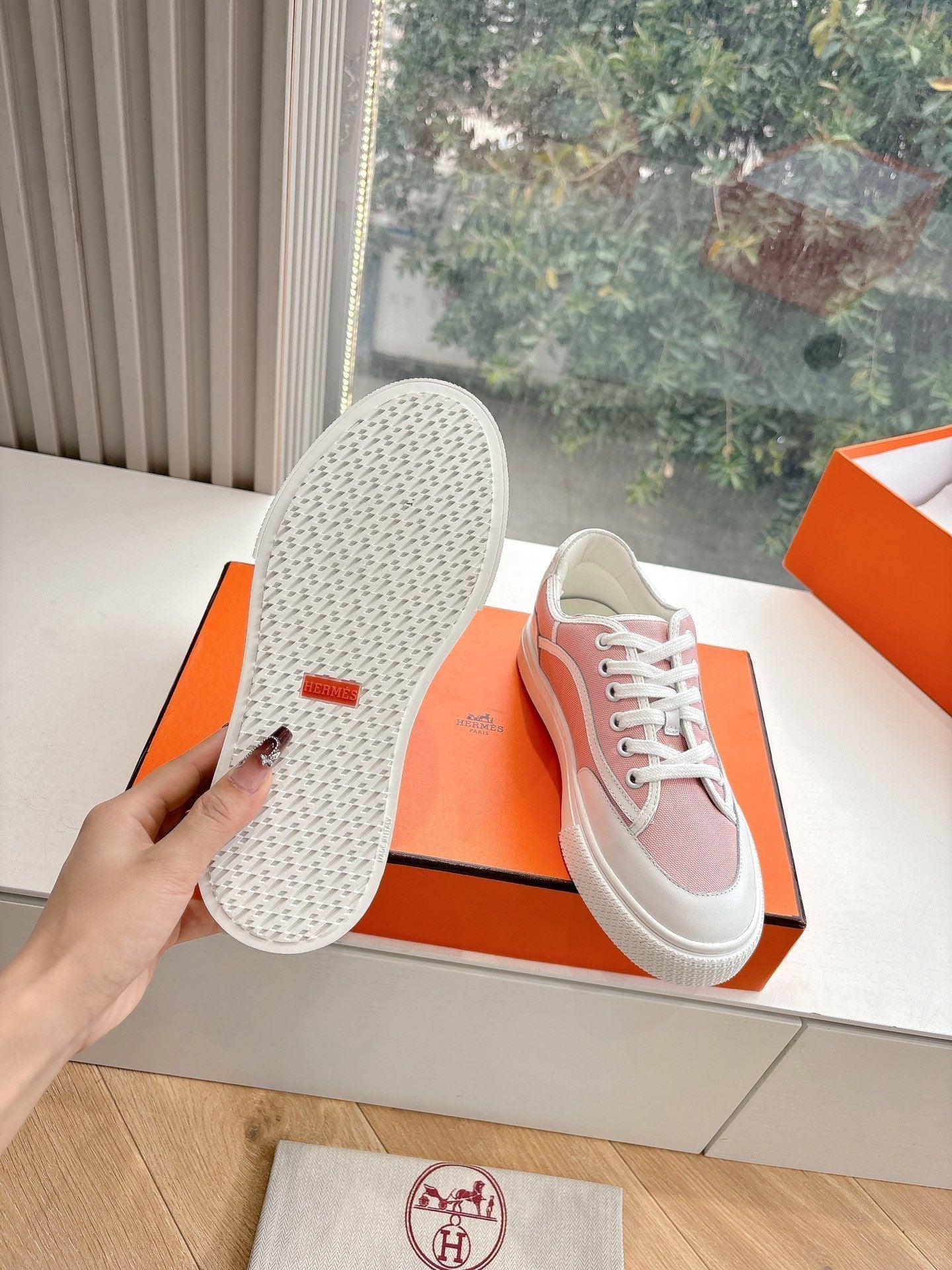 HERMES GET SNEAKER IN ROSE PINK MAXI CANVAS AND WHITE CALFSKIN