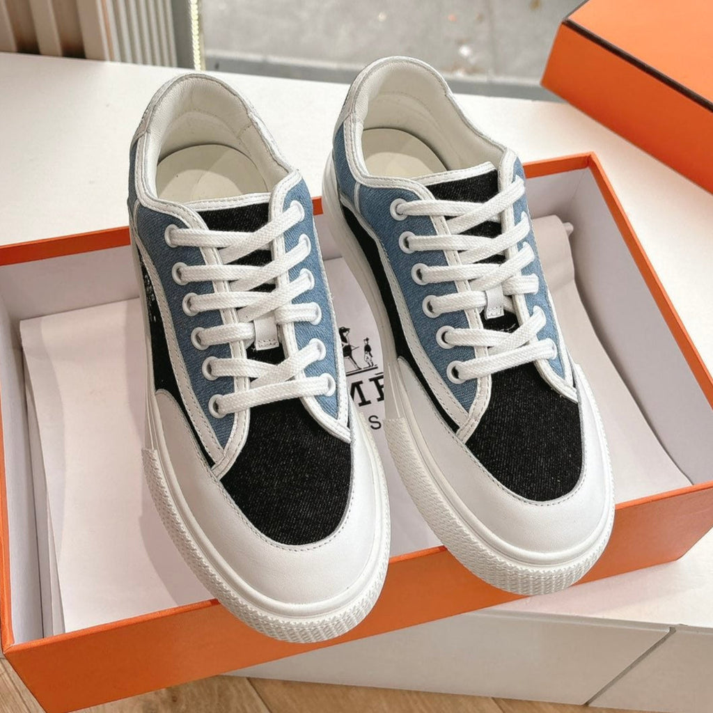 HERMES GET SNEAKER IN BLACK MIX LIGHT BLUE CANVAS AND CALFSKIN