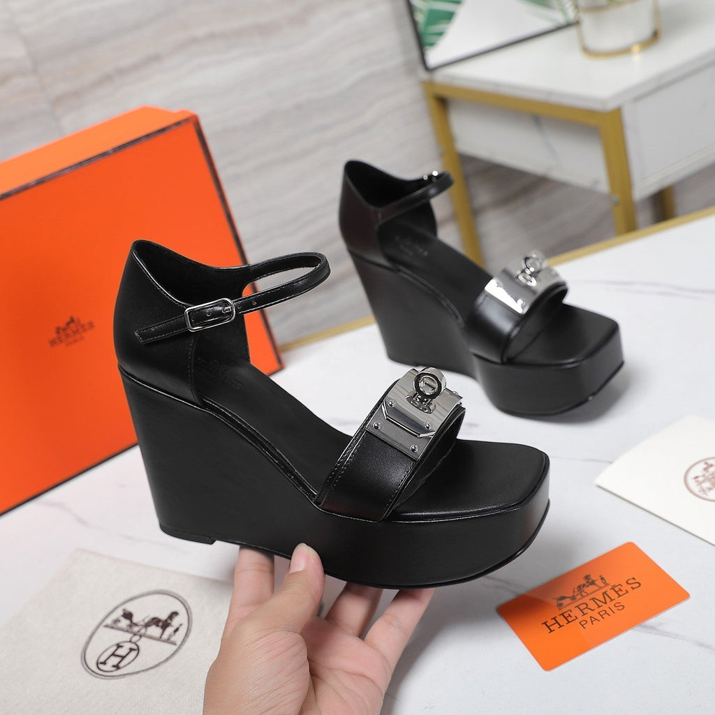 HERMES WEDGES SANDALS BLACK LAMBSKIN