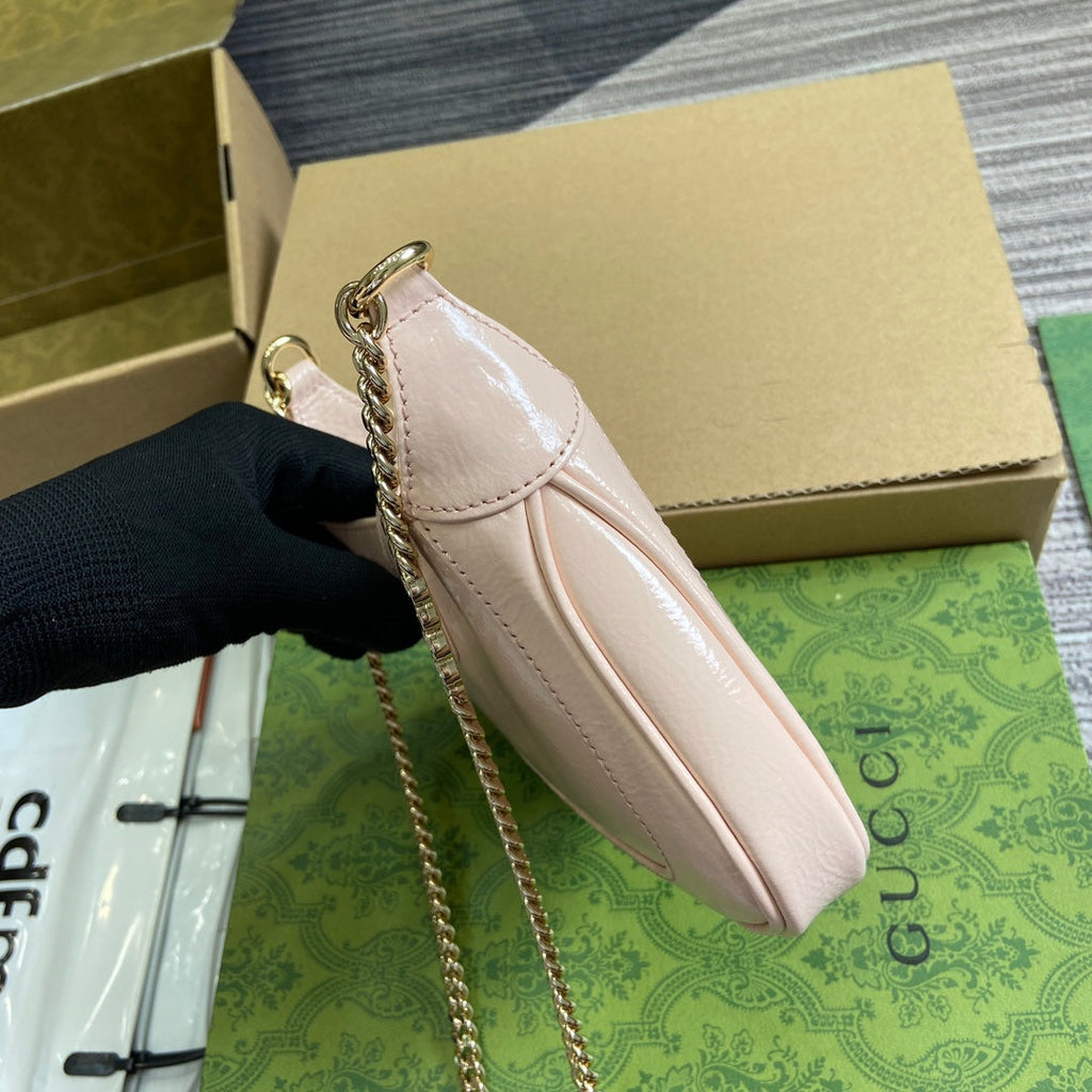 GUCCI JACKIE NOTTE MINI BAG 19 IN LIGHT PINK CRACKED LACQUER CALFSKIN GOLD HARDWARE