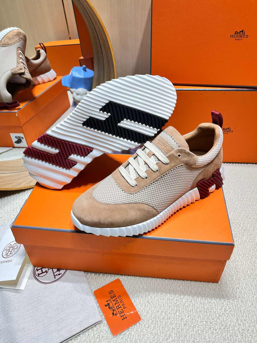 HERMES BOUNCING SNEAKER IN PEANUT BROWN SUEDE AND WHITE KNIT