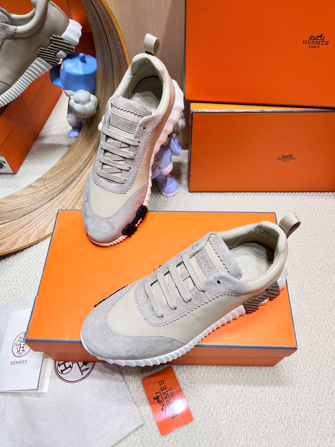 HERMES BOUNCING SNEAKER IN PALE GRAY SUEDE AND CALFSKIN
