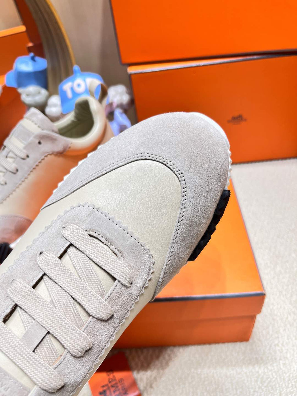 HERMES BOUNCING SNEAKER IN PALE GRAY SUEDE AND CALFSKIN