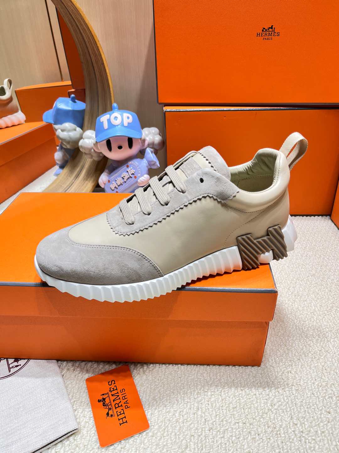 HERMES BOUNCING SNEAKER IN PALE GRAY SUEDE AND CALFSKIN