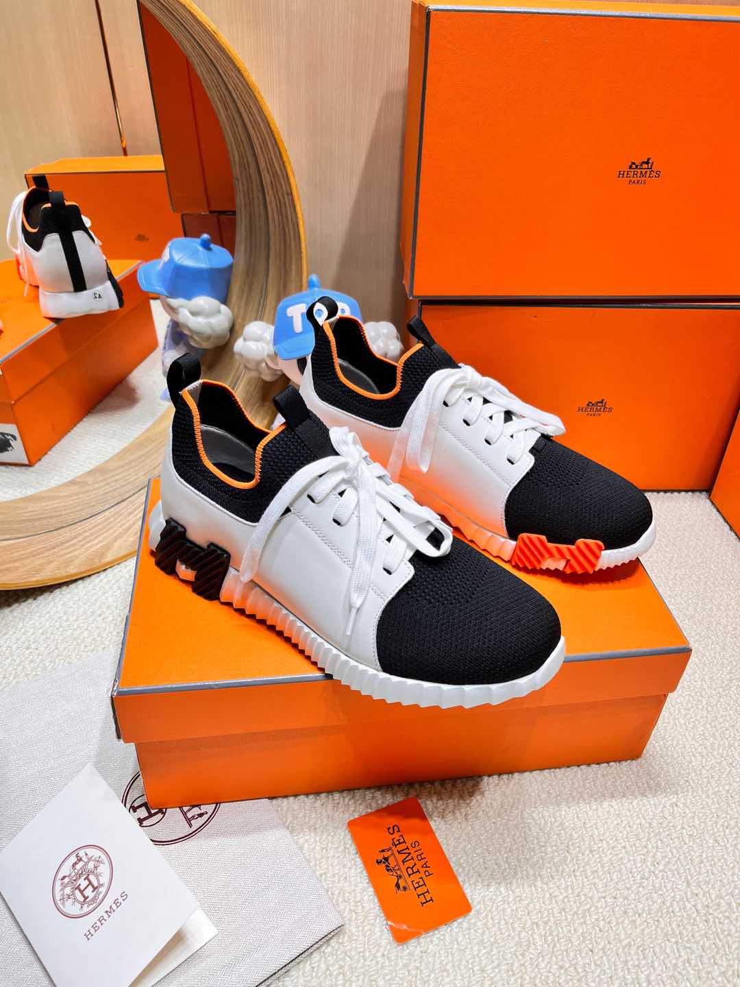 HERMES DEPART SLIP-ON SNEAKER IN WHITE MIX BLACK KNIT AND CALFSKIN
