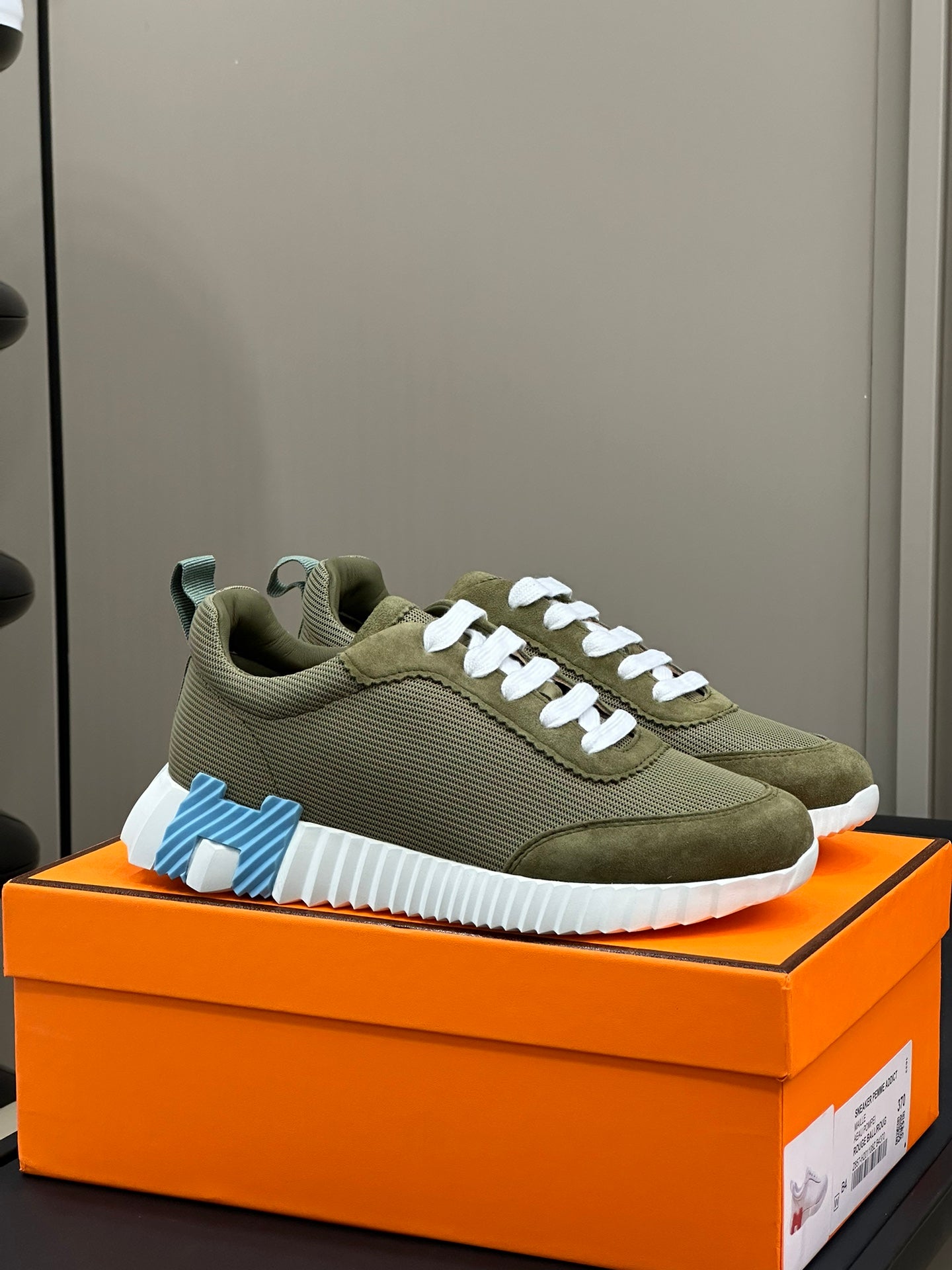 HERMES BOUNCING SNEAKERS OLIVE CALFSKIN