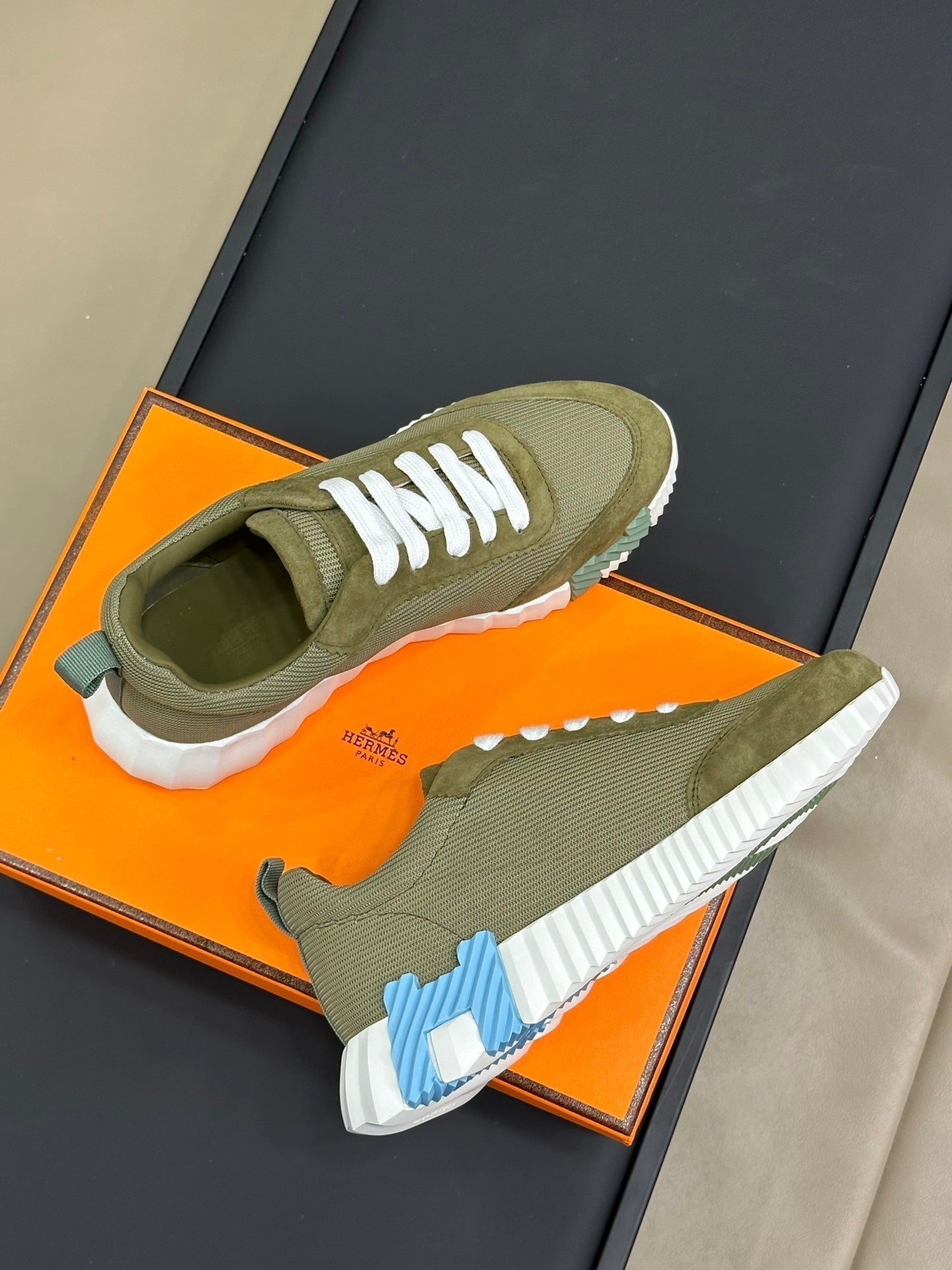 HERMES BOUNCING SNEAKERS OLIVE CALFSKIN