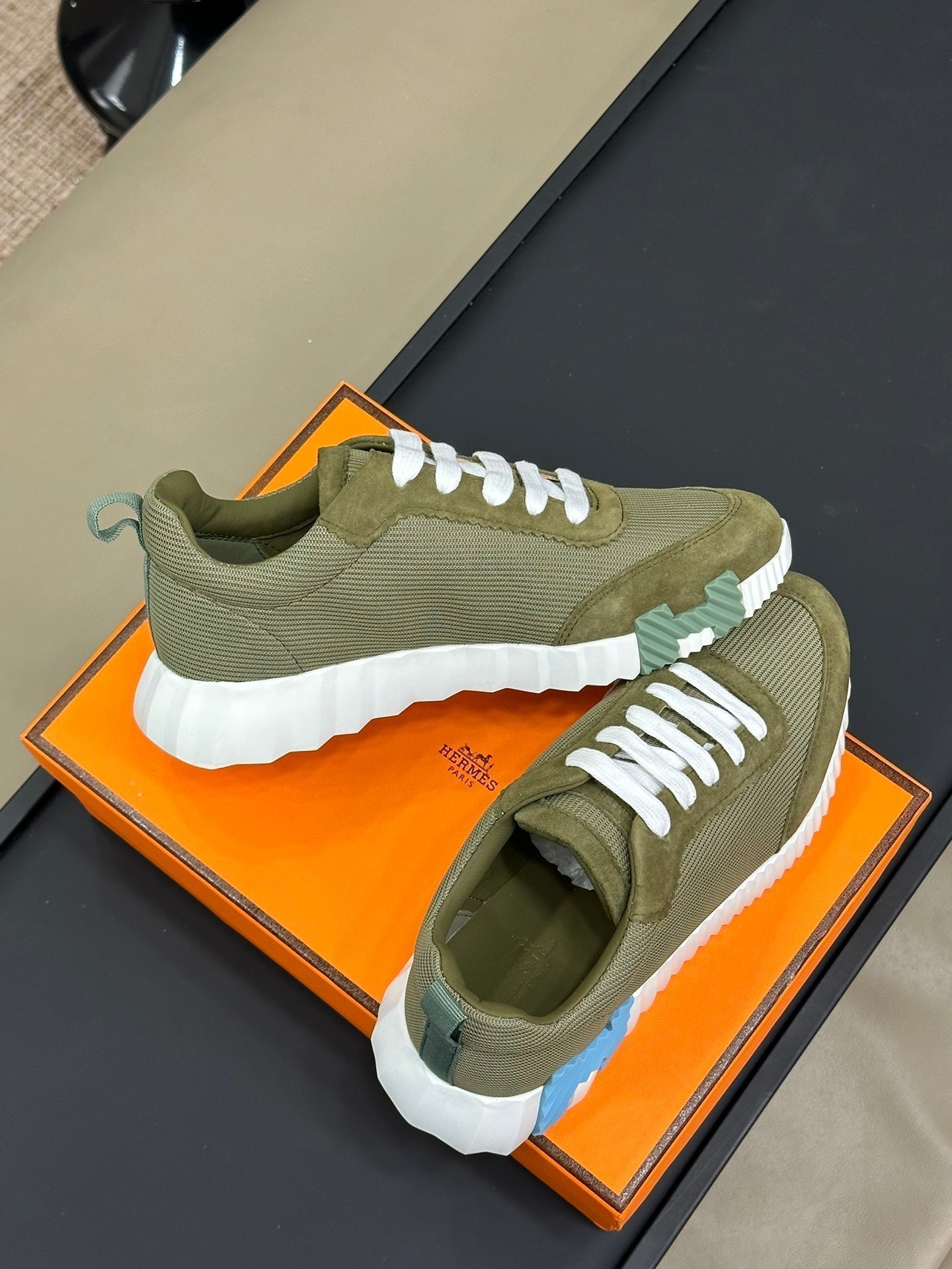 HERMES BOUNCING SNEAKERS OLIVE CALFSKIN