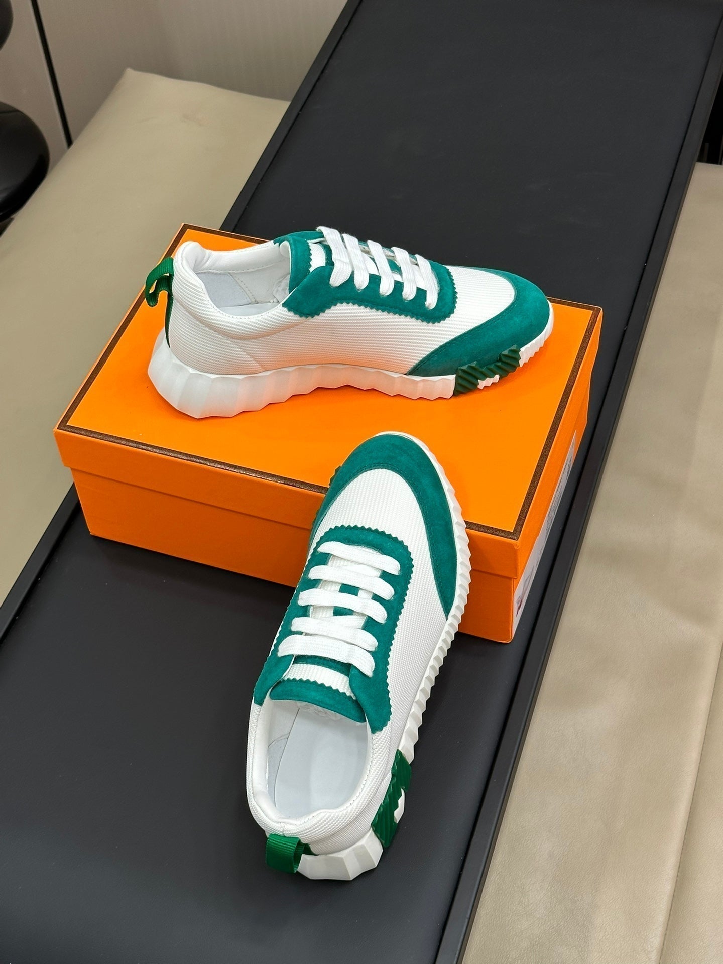 HERMES BOUNCING SNEAKERS TEAL MIX WHITE CALFSKIN