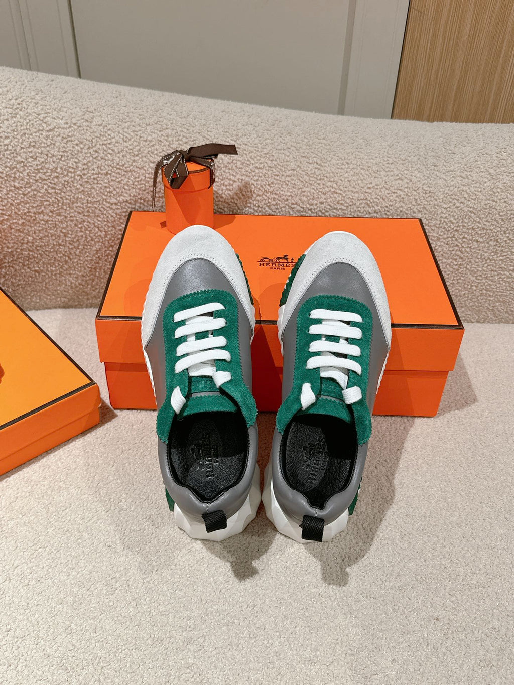 HERMES MAINLAND SNEAKER IN PALE GRAY SUEDE AND MOUSE GRAY CALFSKIN