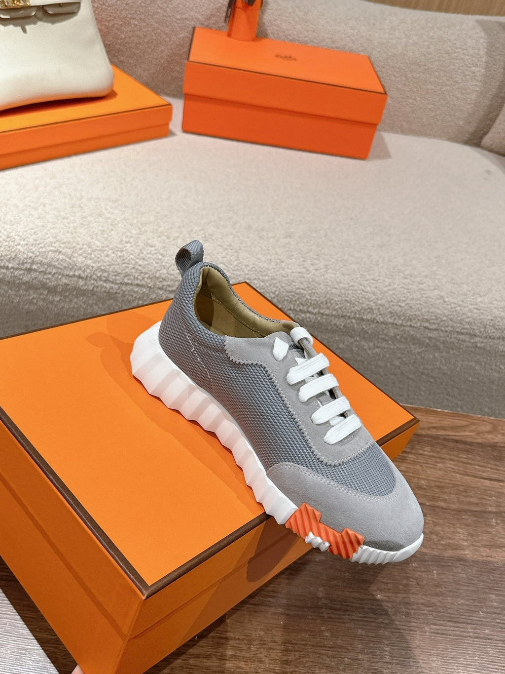 HERMES MAINLAND SNEAKER IN ASH GRAY SUEDE AND SHARK GRAY BREATHABLE MESH FABRIC