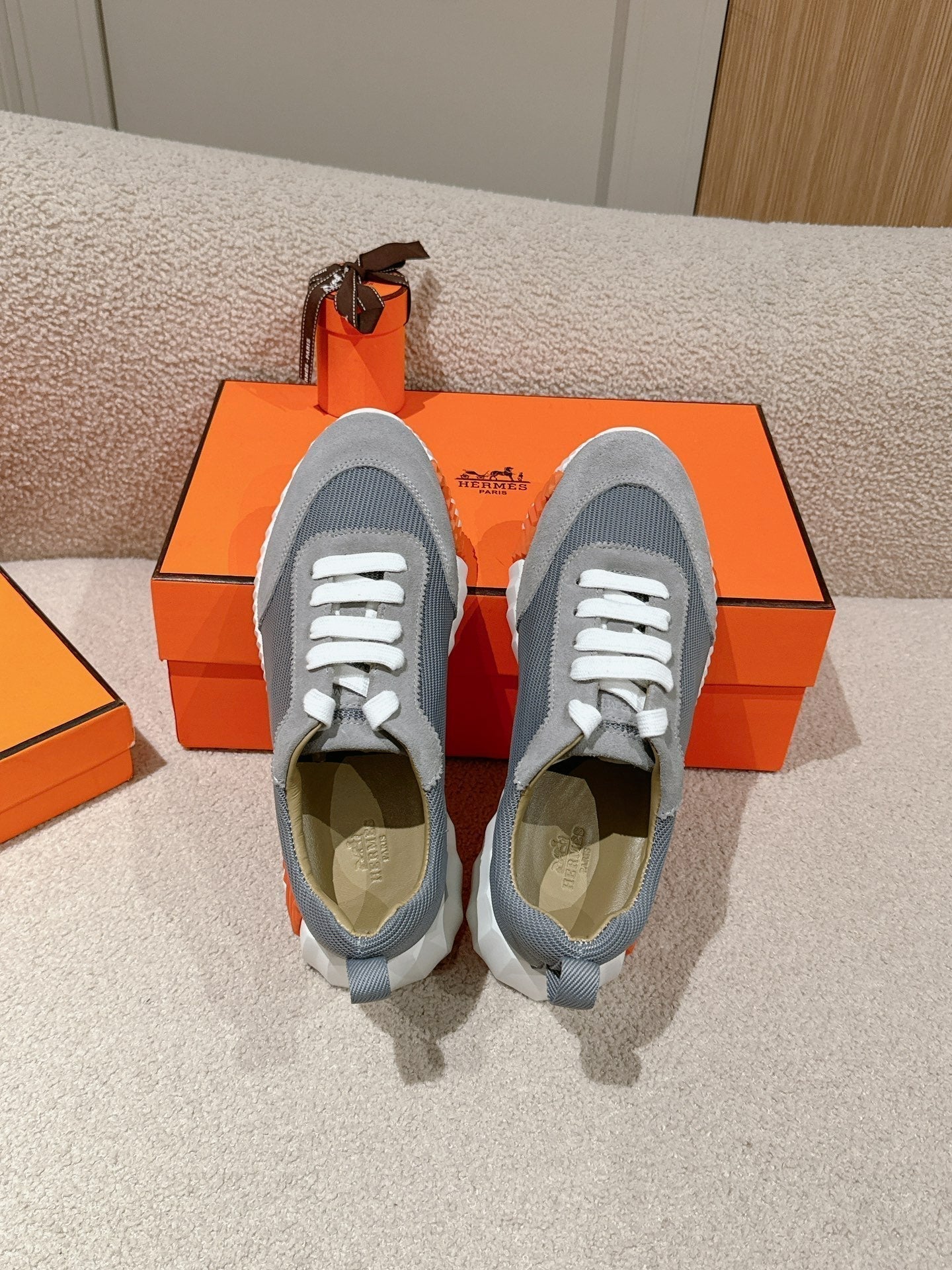 HERMES MAINLAND SNEAKER IN ASH GRAY SUEDE AND SHARK GRAY BREATHABLE MESH FABRIC