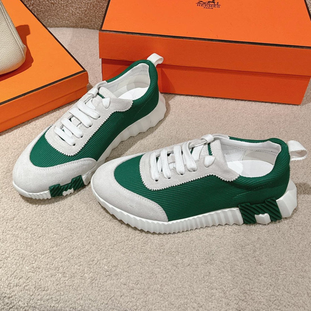 HERMES MAINLAND SNEAKER IN PALE GRAY SUEDE AND FOREST GREEN BREATHABLE MESH FABRIC