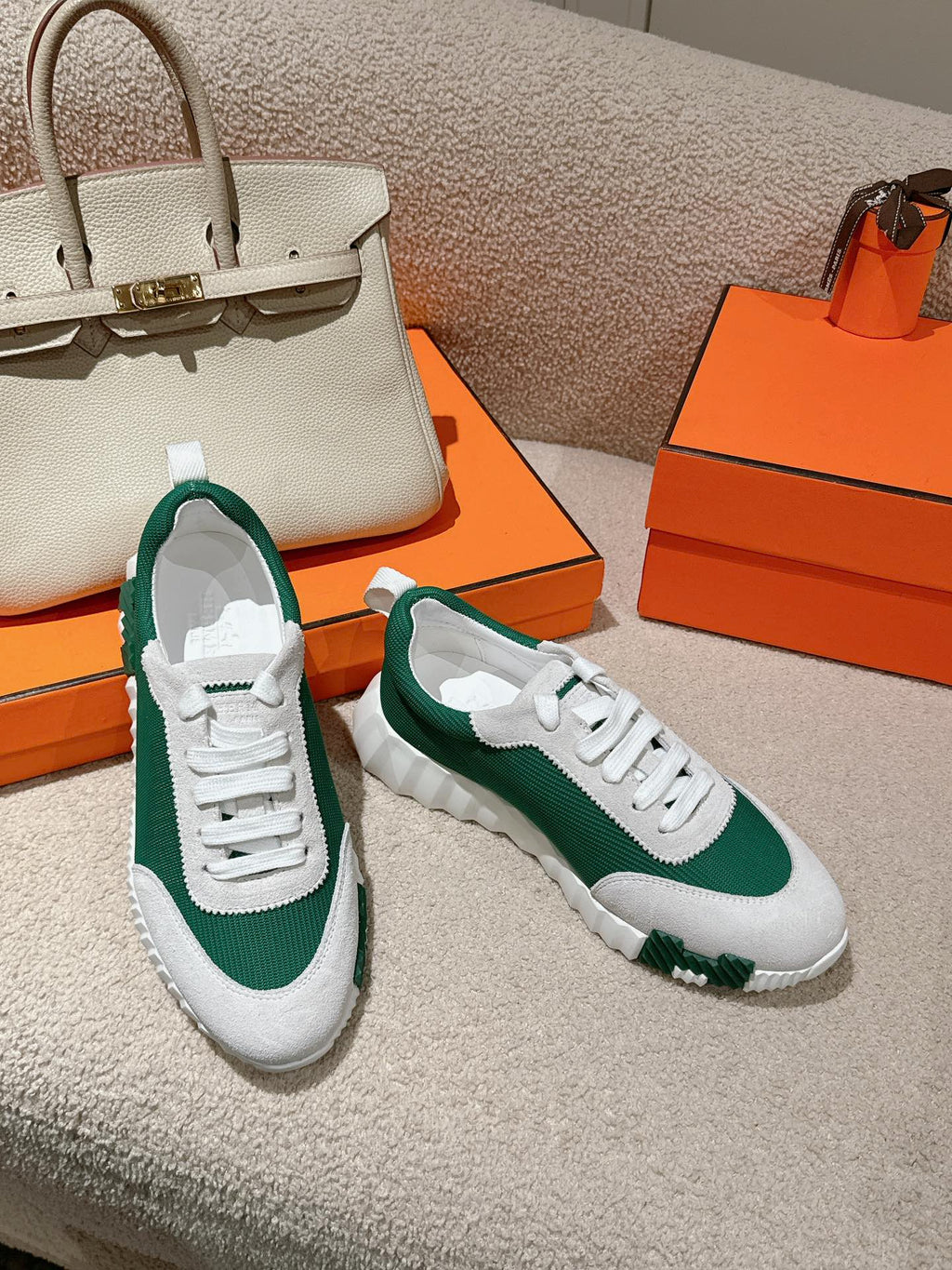 HERMES MAINLAND SNEAKER IN PALE GRAY SUEDE AND FOREST GREEN BREATHABLE MESH FABRIC