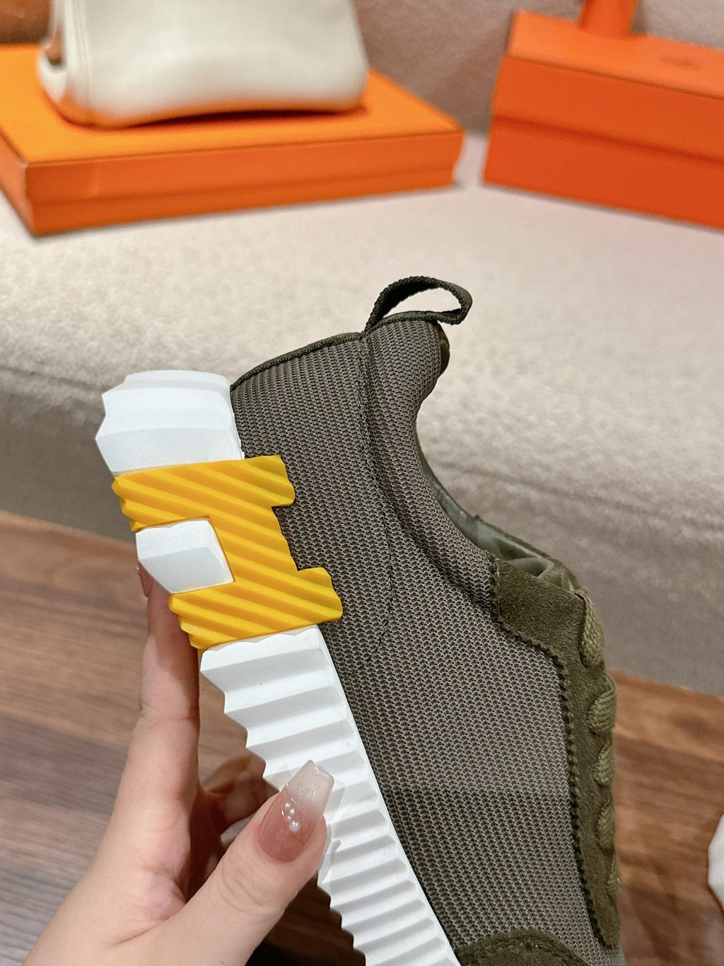 HERMES MAINLAND SNEAKER IN ARMY GREEN SUEDE AND BREATHABLE MESH FABRIC