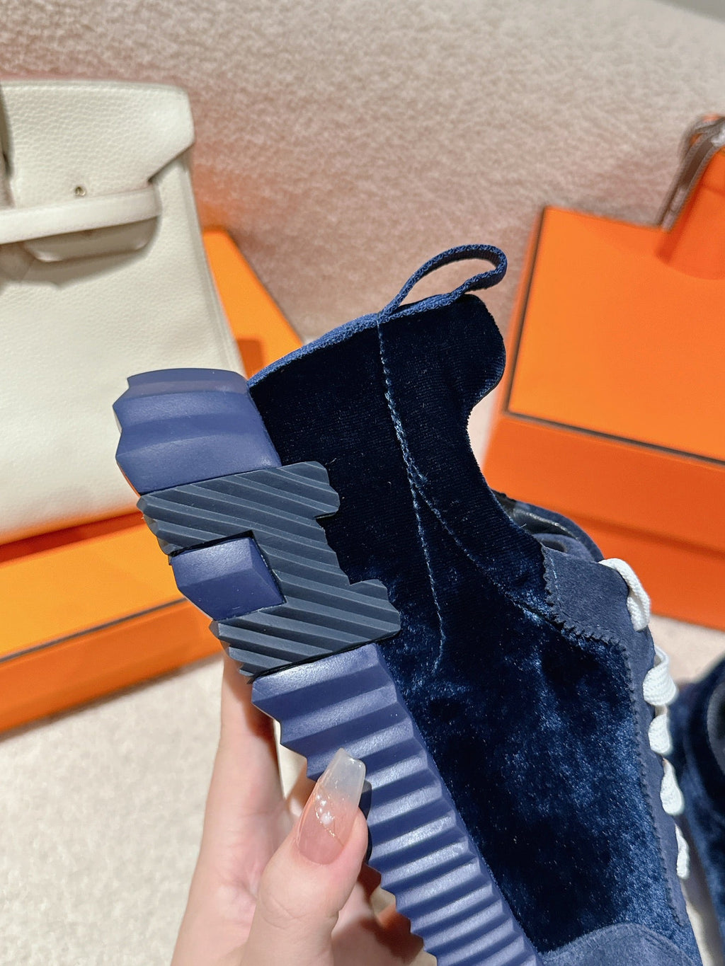HERMES MAINLAND SNEAKER IN NAVY BLUE SUEDE AND BLACK VELVET
