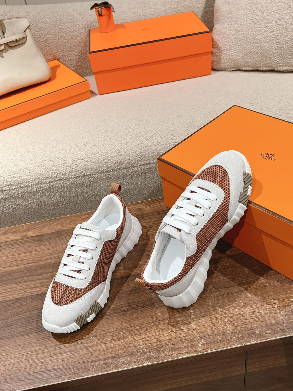 HERMES MAINLAND SNEAKER IN PALE GRAY SUEDE AND CARAMEL BROWN BREATHABLE MESH FABRIC
