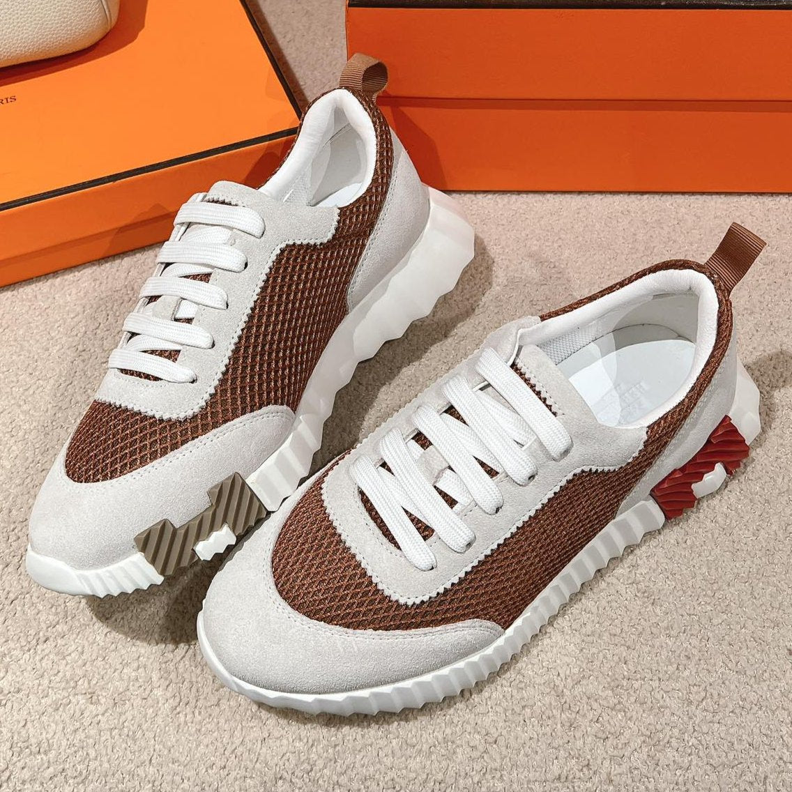 HERMES MAINLAND SNEAKER IN PALE GRAY SUEDE AND CARAMEL BROWN BREATHABLE MESH FABRIC
