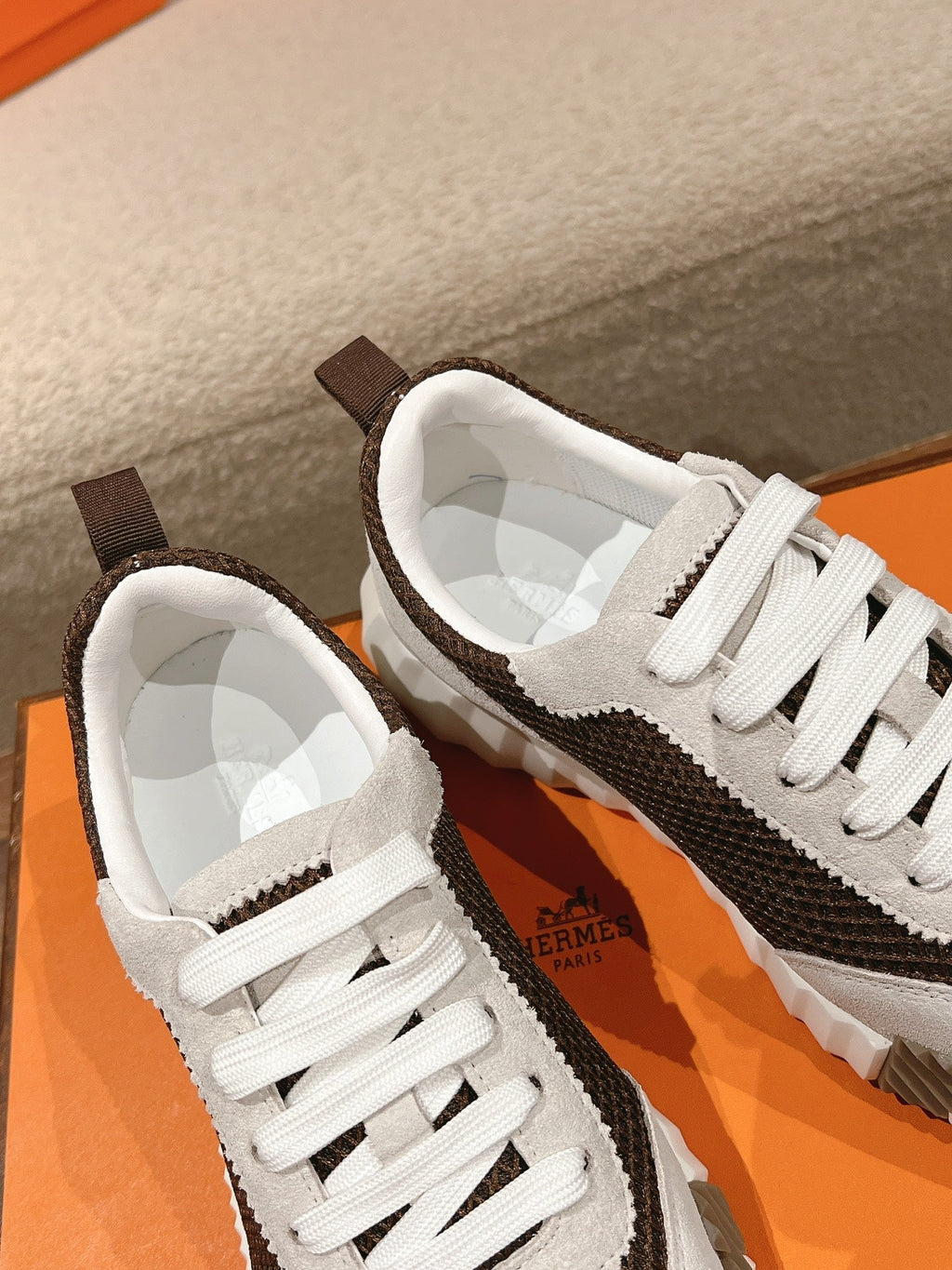 HERMES MAINLAND SNEAKER IN PALE GRAY SUEDE AND MOCHA BROWN BREATHABLE MESH FABRIC