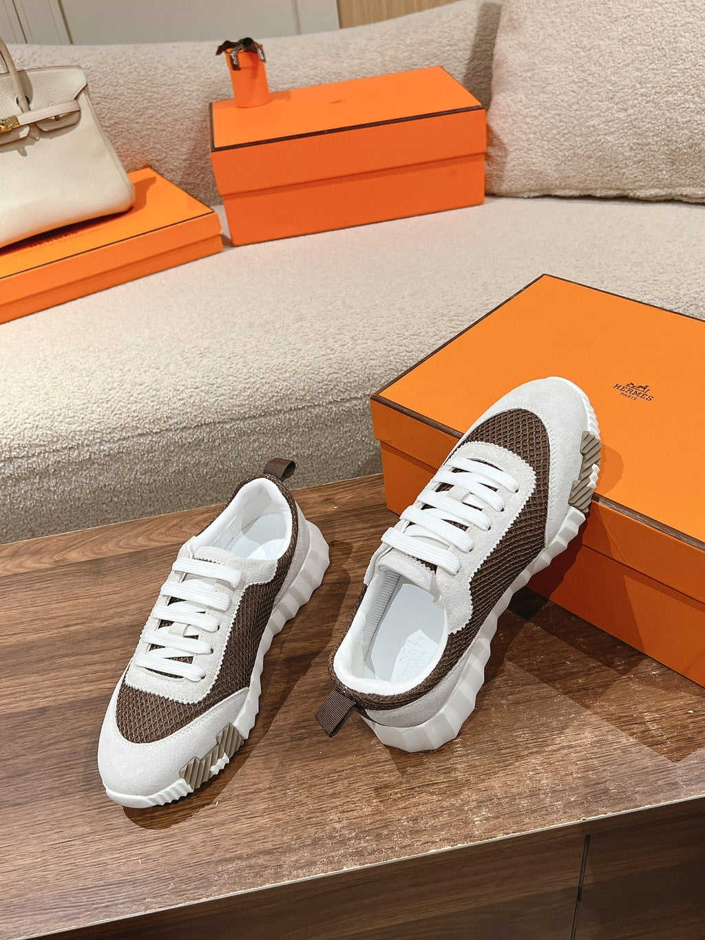 HERMES MAINLAND SNEAKER IN PALE GRAY SUEDE AND MOCHA BROWN BREATHABLE MESH FABRIC