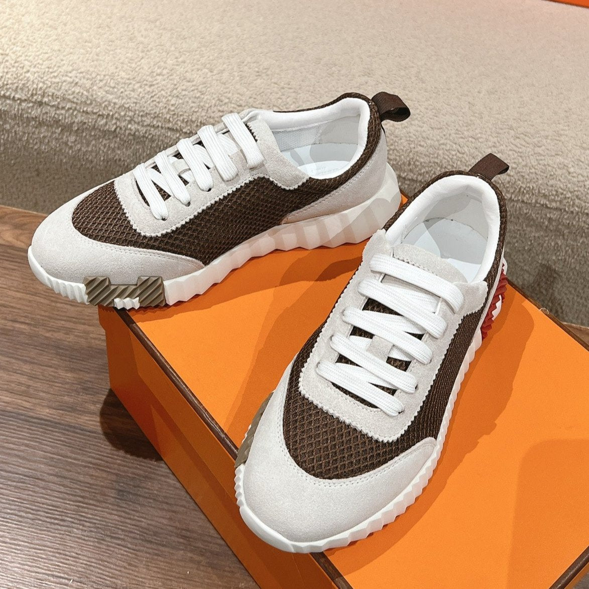 HERMES MAINLAND SNEAKER IN PALE GRAY SUEDE AND MOCHA BROWN BREATHABLE MESH FABRIC