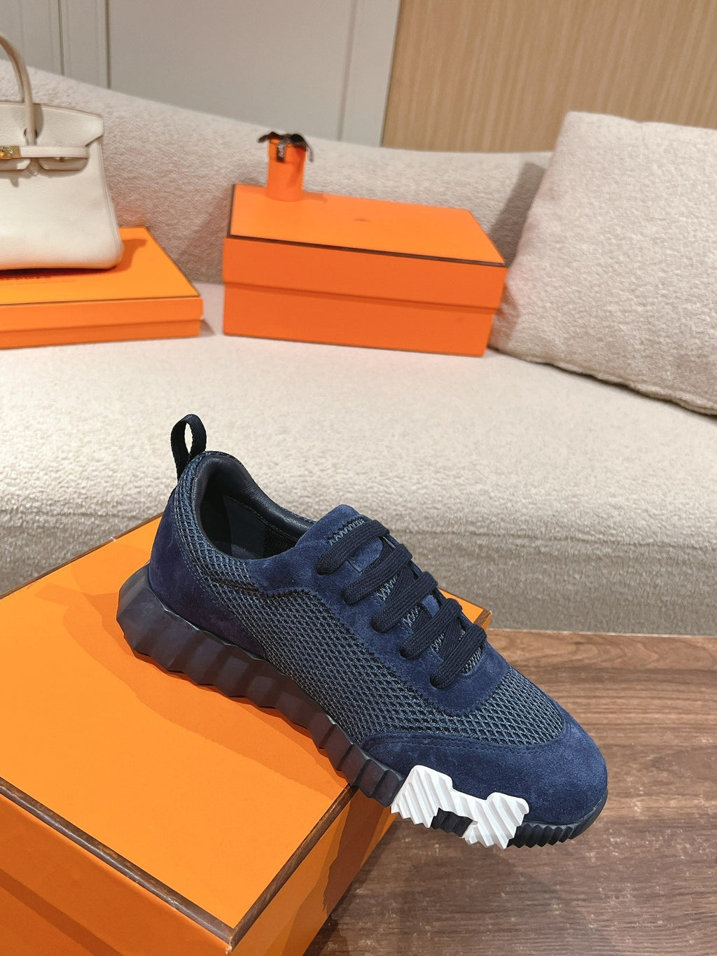 HERMES MAINLAND SNEAKER IN CLASSIC BLUE SUEDE AND BREATHABLE MESH FABRIC