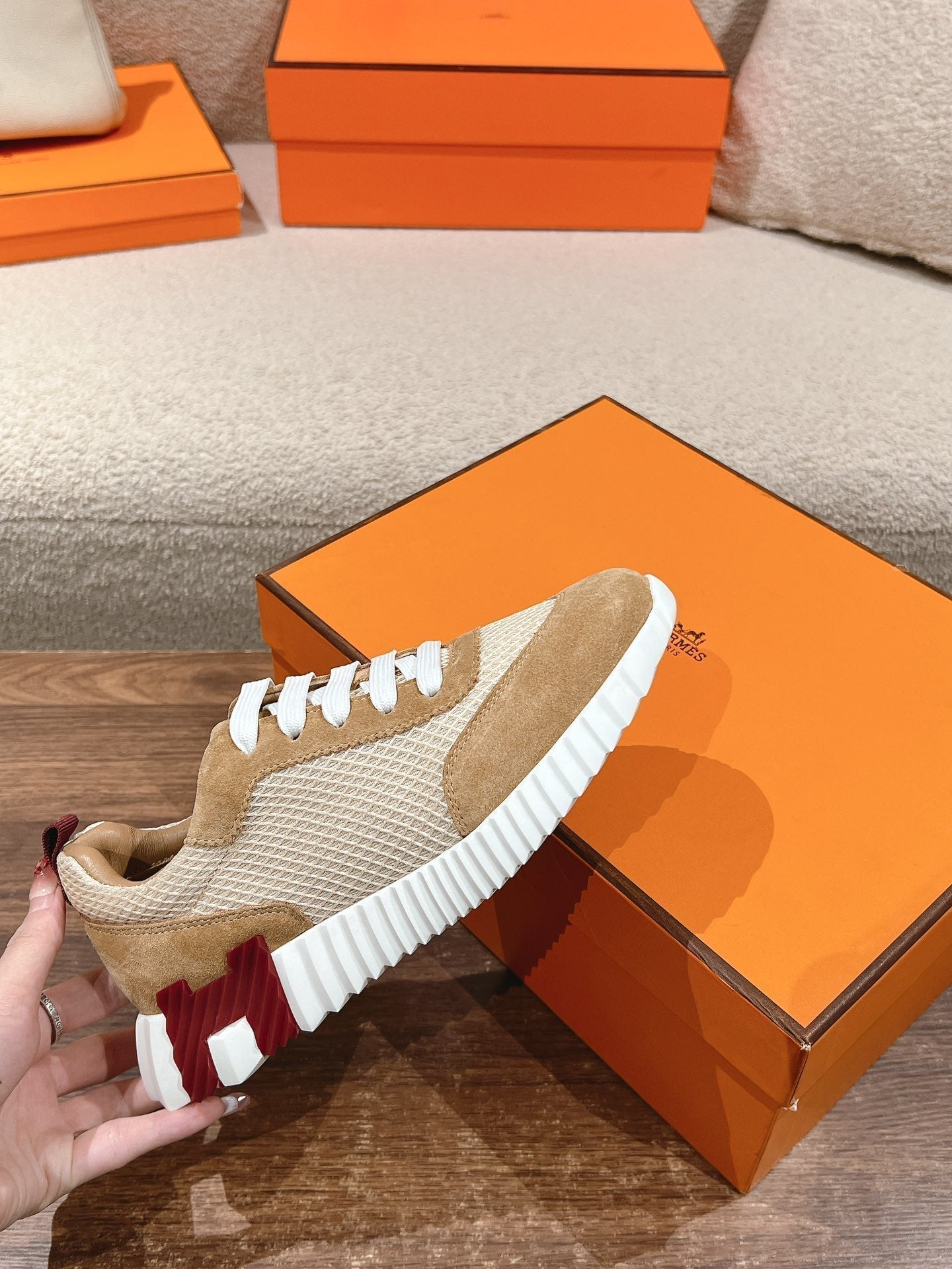 HERMES MAINLAND SNEAKER IN PEANUT BROWN SUEDE AND WHITE BREATHABLE MESH FABRIC