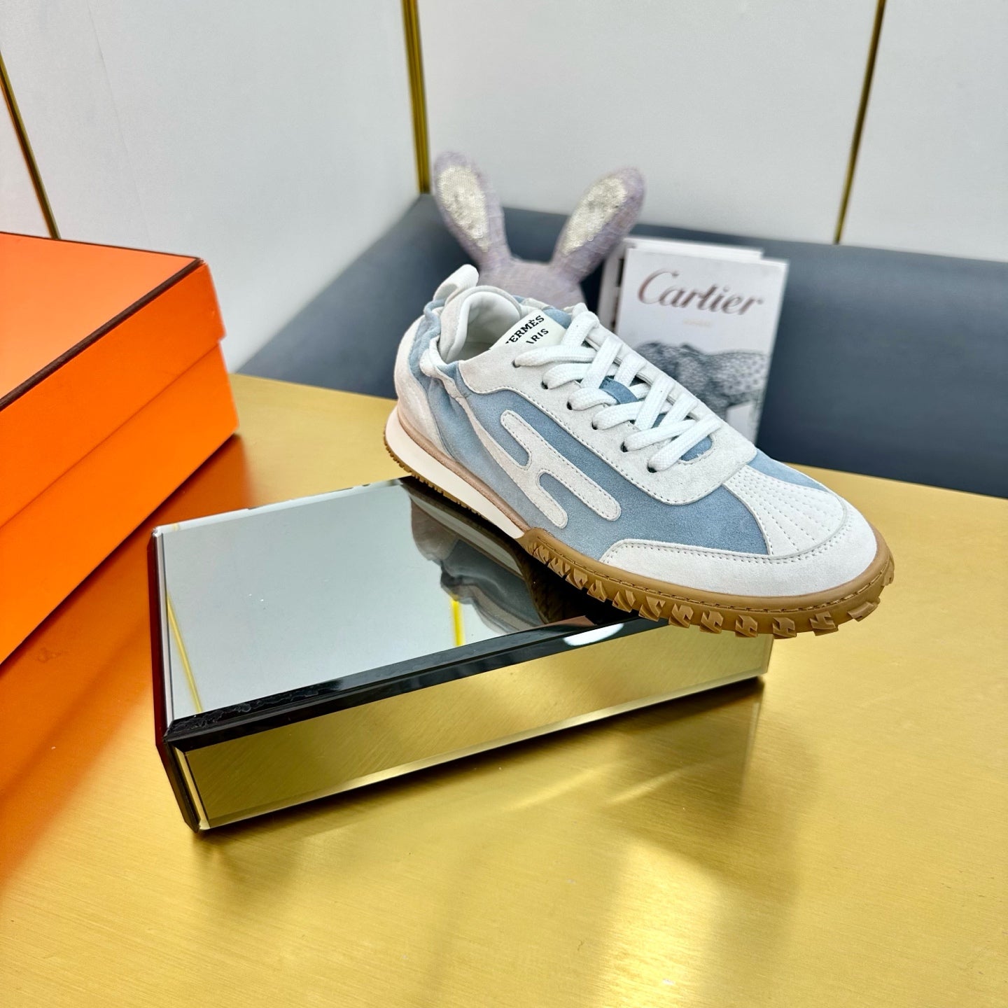 HERMES JET SNEAKER IN PALE GRAY MIX SAPPHIRE BLUE SUEDE