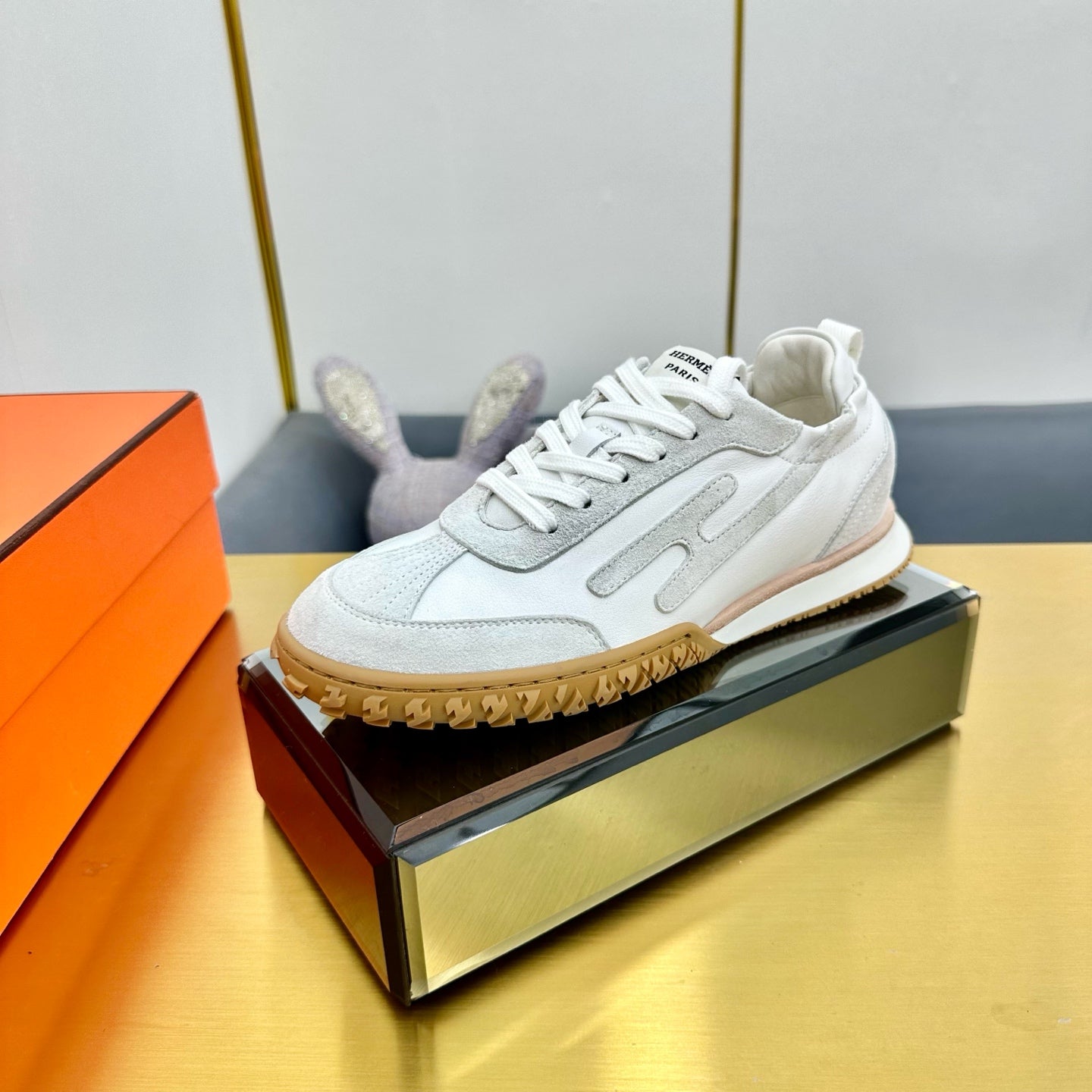 HERMES JET SNEAKER IN PALE GRAY SUEDE MIX WHITE CALFSKIN