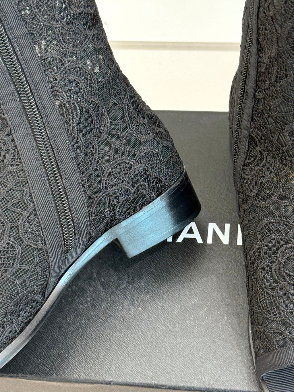 CHANEL PEEP-TOE BOOTS 25SS IN BLACK EMBOSSED LACE FABRIC