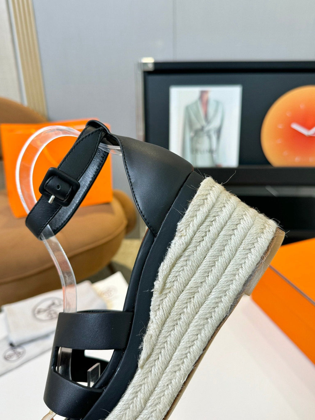 HERMES Elda espadrille 80 Black Calfskin