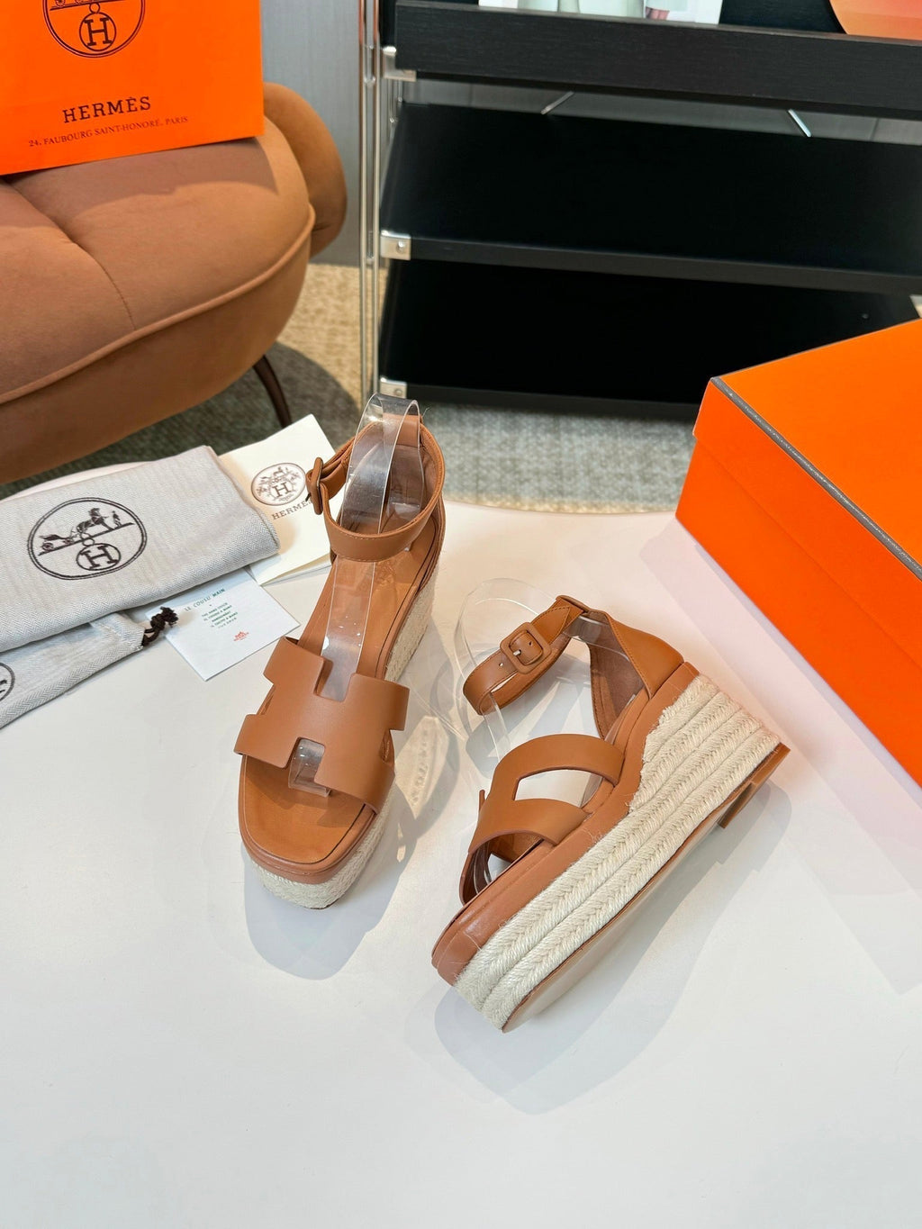 HERMES Elda espadrille 80 Tan Calfskin