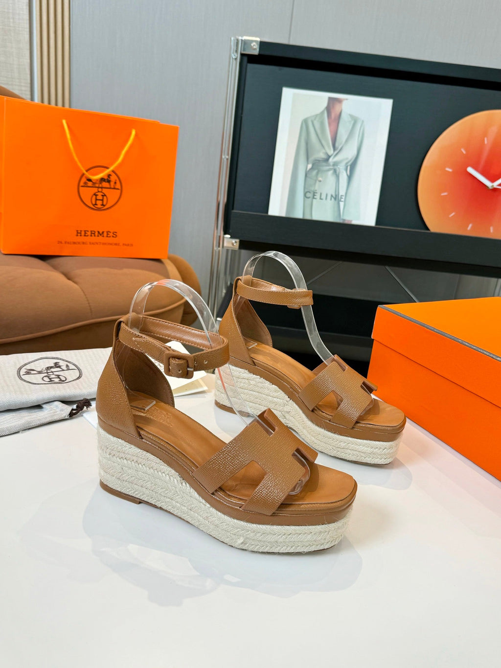 HERMES Elda espadrille 80 Light Brown Epsom Calfskin