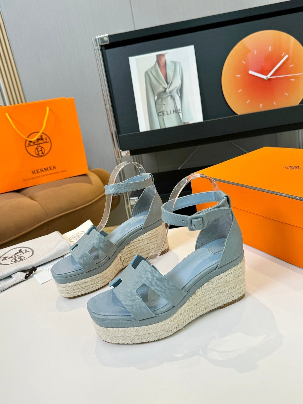 HERMES Elda espadrille 80 Baby Blue Epsom Calfskin