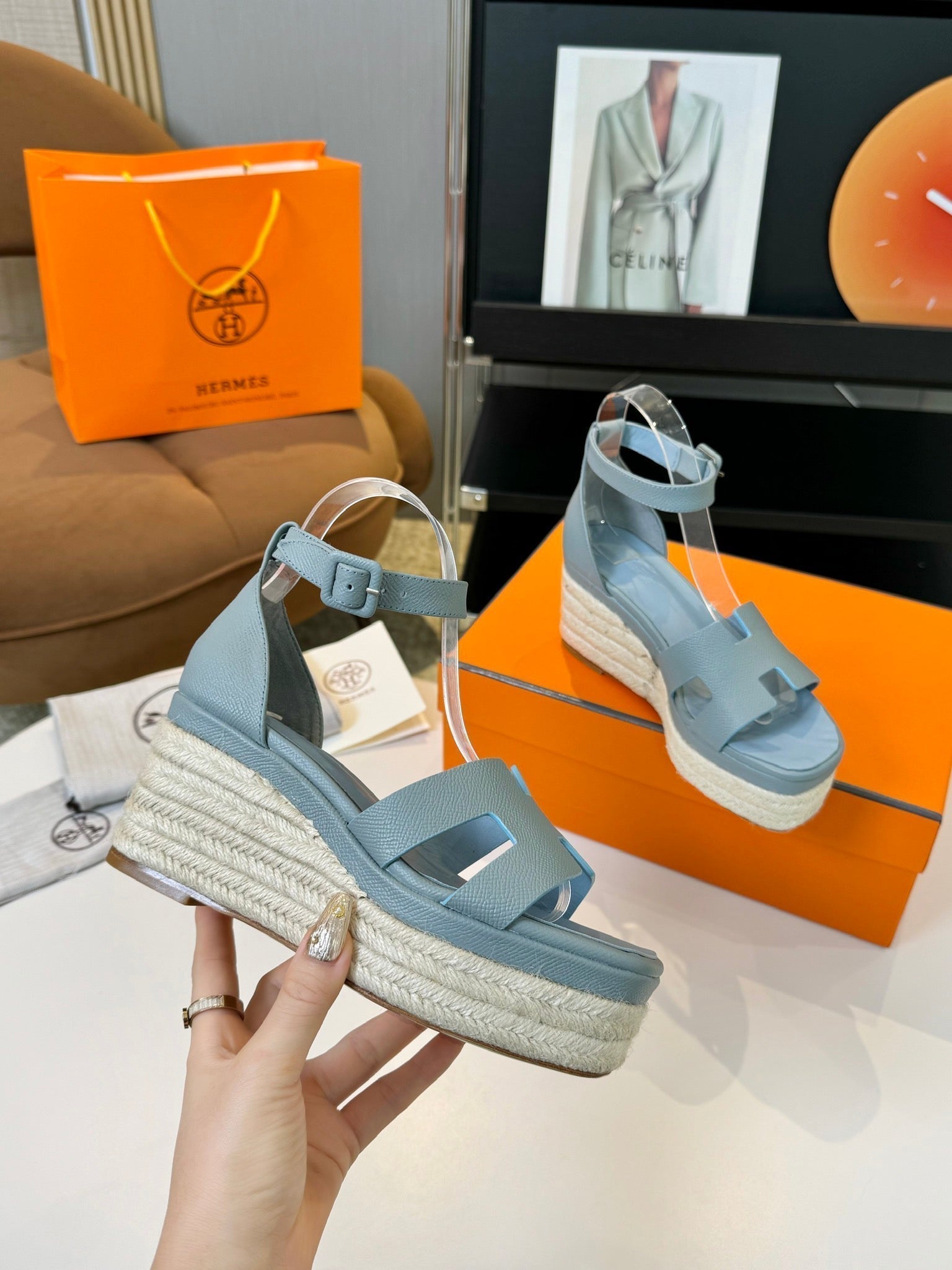 HERMES Elda espadrille 80 Baby Blue Epsom Calfskin