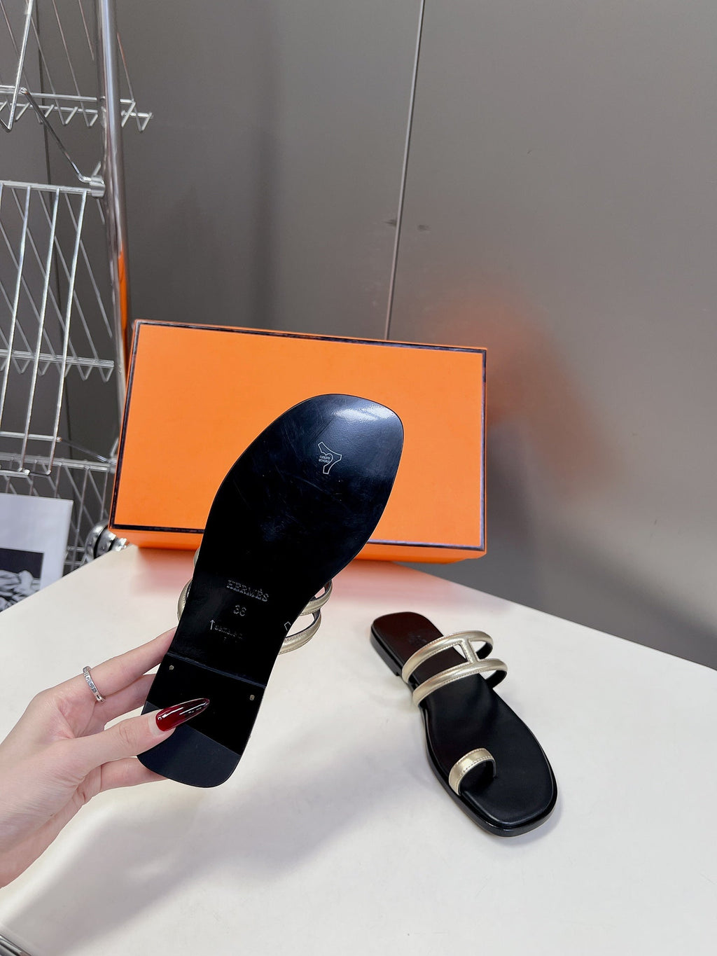 HERMES Georgia Sandals Gold Black Calfskin