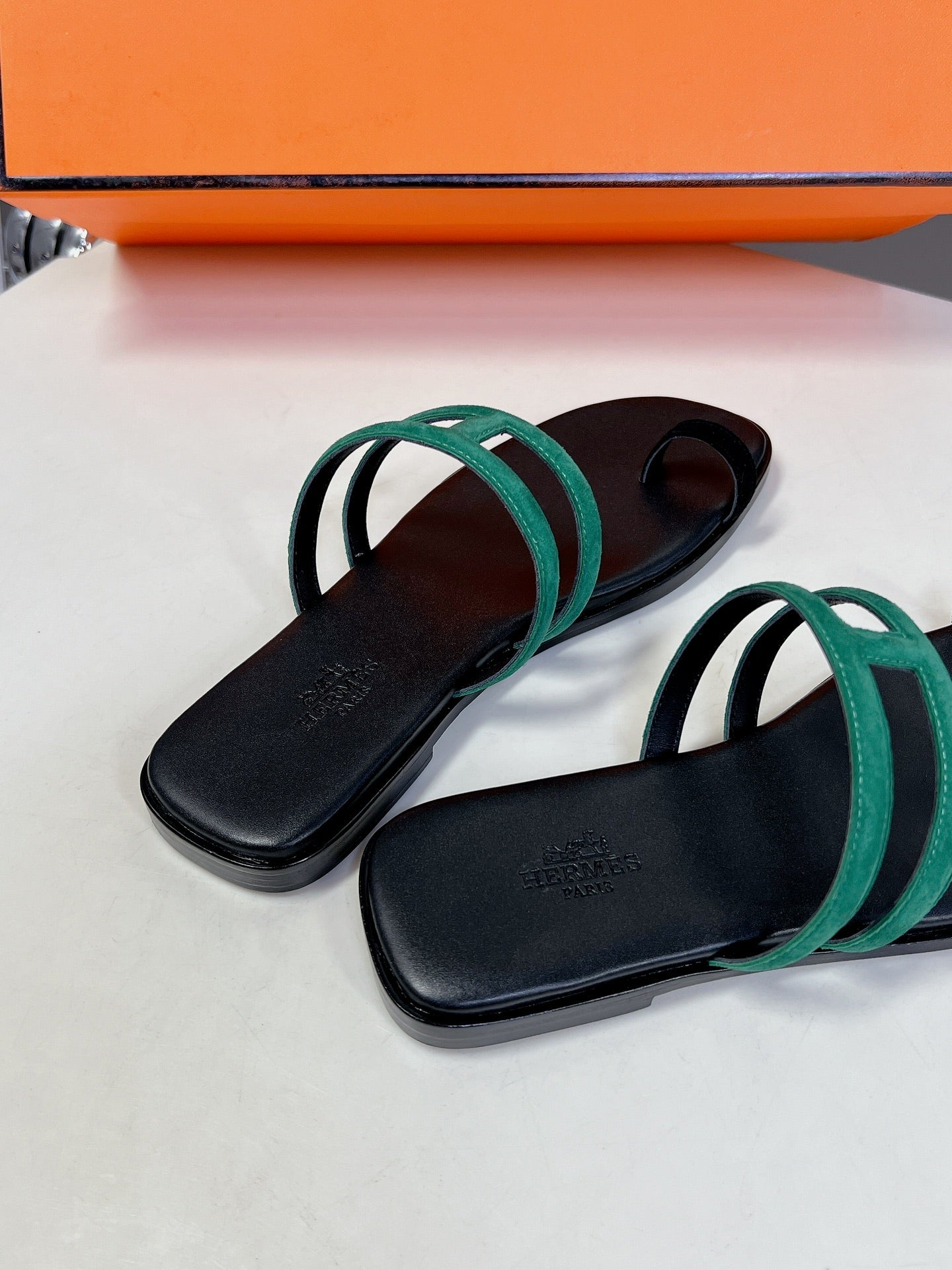 HERMES Georgia Sandals Teal Suede Black Calfskin