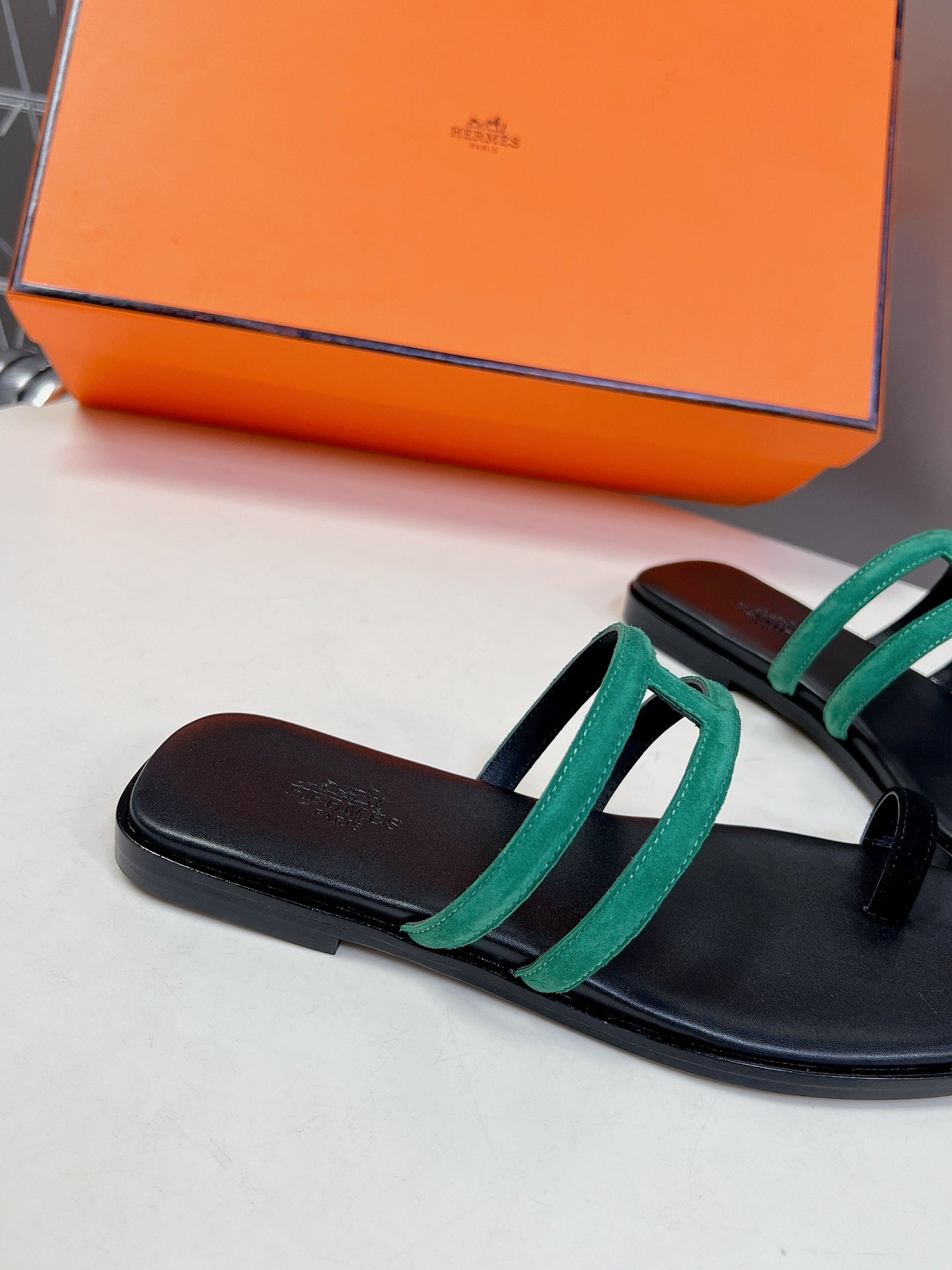HERMES Georgia Sandals Teal Suede Black Calfskin