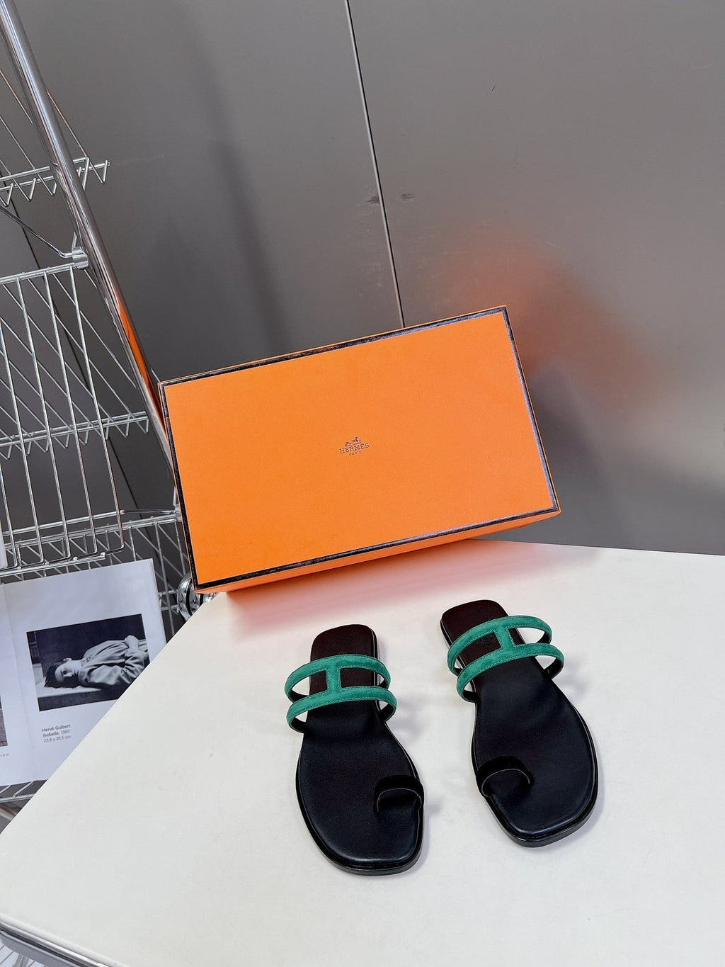 HERMES Georgia Sandals Teal Suede Black Calfskin