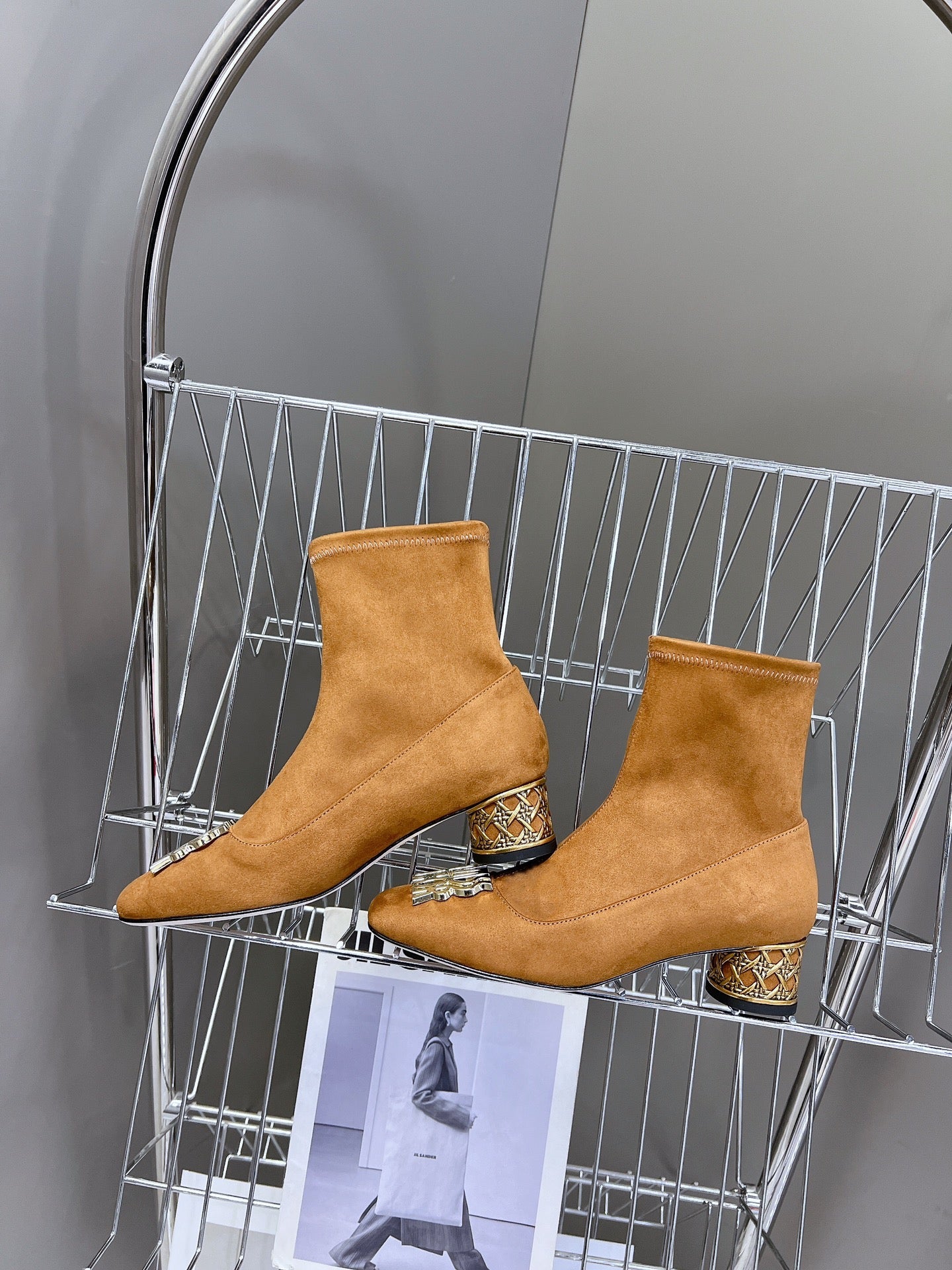 DIOR ICON HEELED ANKLE BOOT BRONZE BROWN SUEDE 4 CM WITH GOLD LOGO