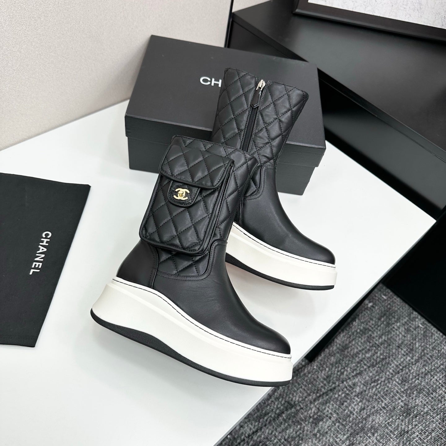 CHANEL 25S WEDGE ANKLE BOOTS IN BLACK CALFSKIN SILVER HARDWARE