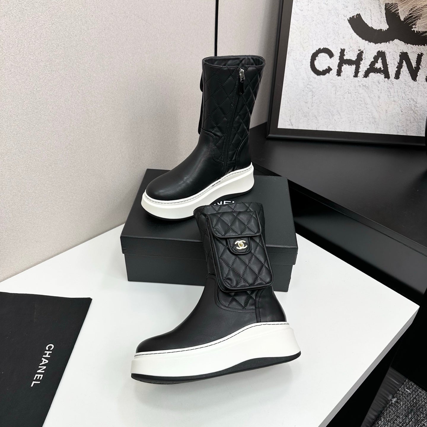 CHANEL 25S WEDGE ANKLE BOOTS IN BLACK CALFSKIN SILVER HARDWARE