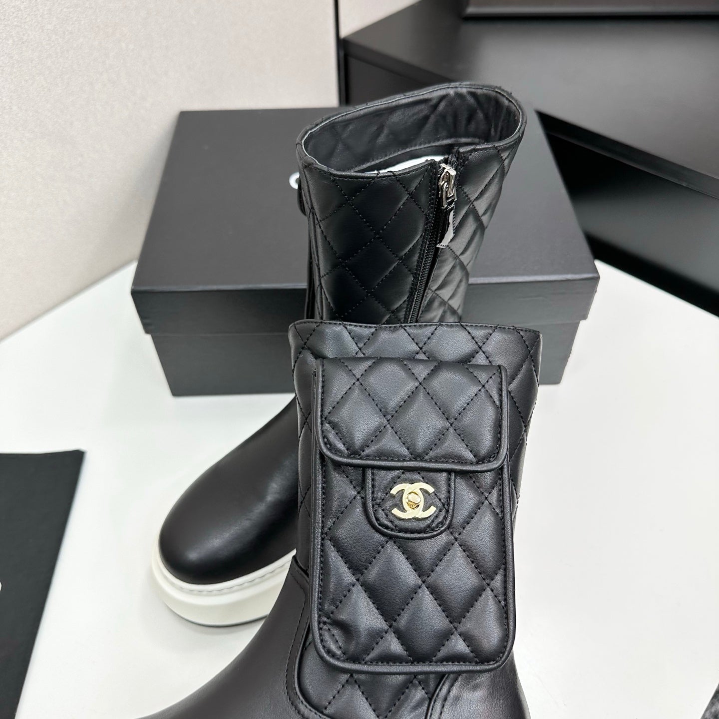 CHANEL 25S WEDGE ANKLE BOOTS IN BLACK CALFSKIN SILVER HARDWARE