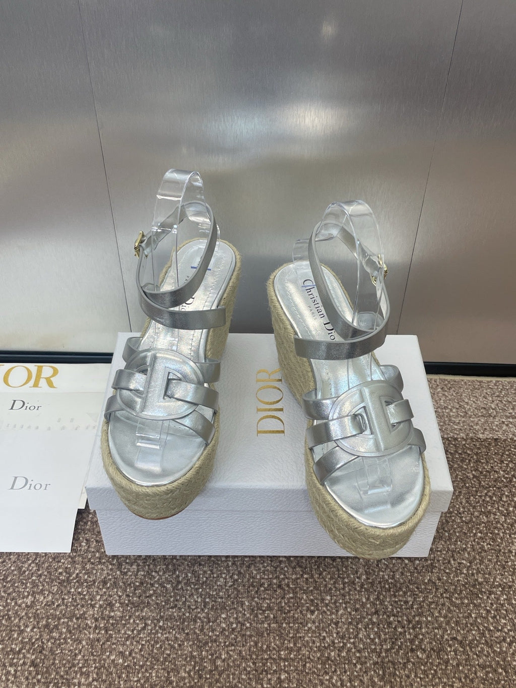 DIOR D-CLUB 25S HIGH HEEL WEDGE 100MM IN SILVER GLOSSY CALFSKIN RAFFIA SOLE