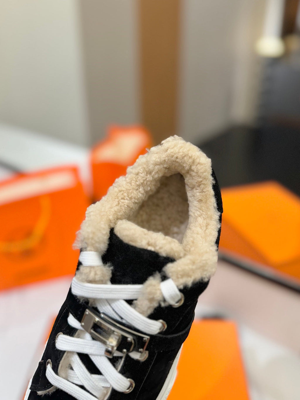 HERMES DAY SNEAKER IN BLACK SUEDE AND FLEECE LINING
