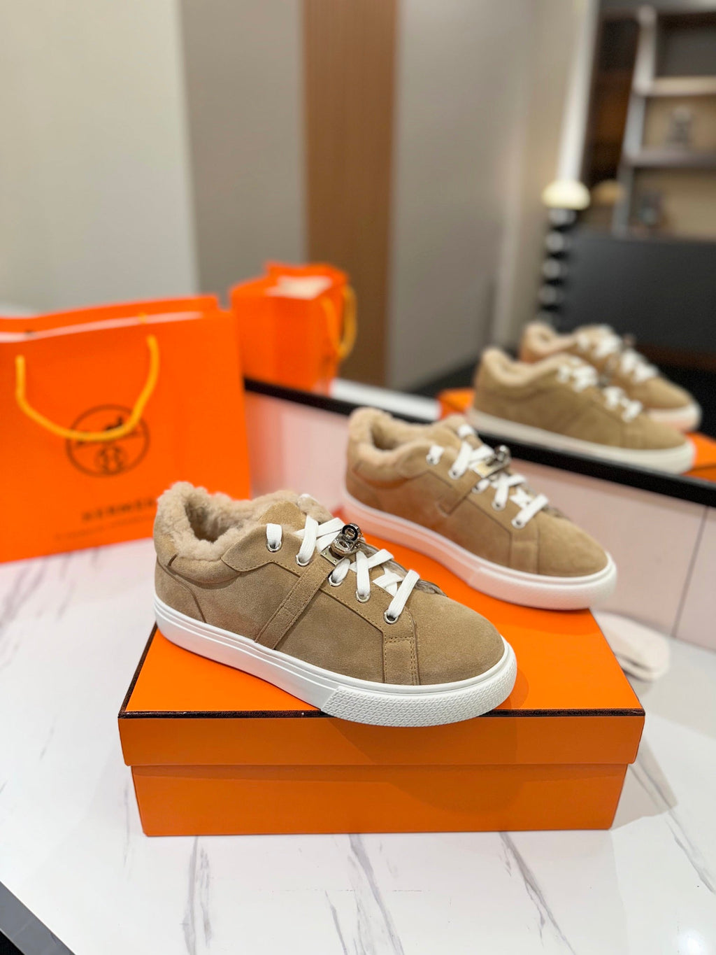 HERMES DAY SNEAKER IN TORTILLA BROWN SUEDE AND FLEECE LINING